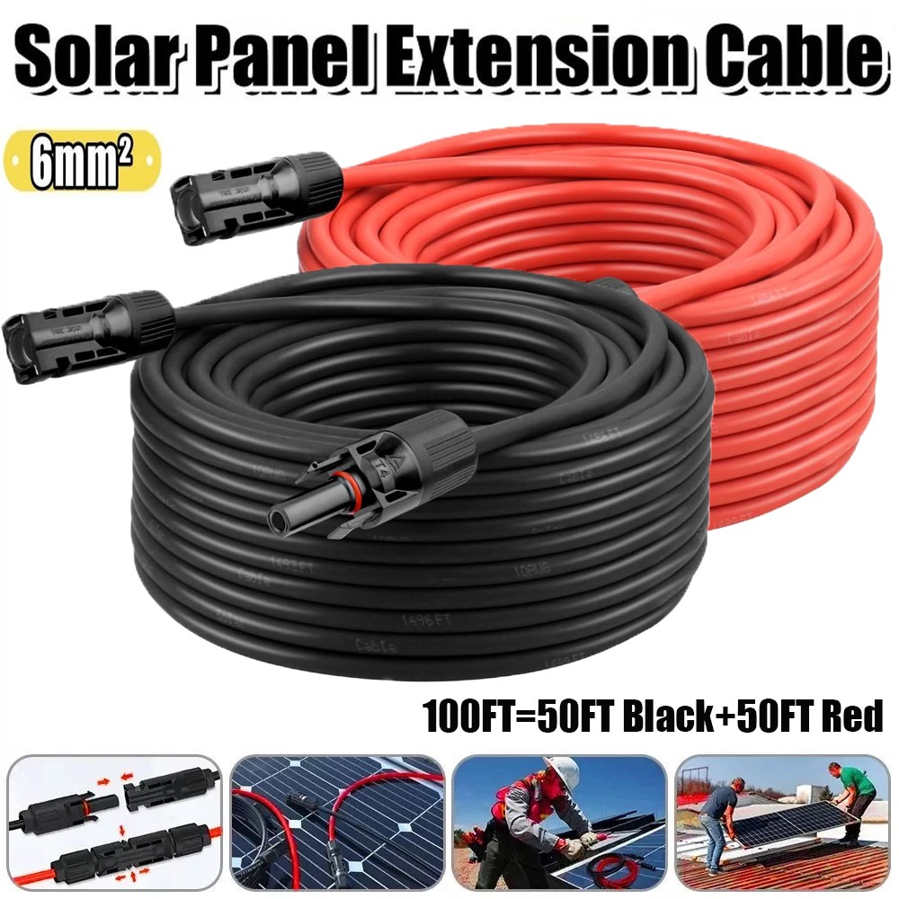 100FT 10 AWG Solar Panel Extension Cable PV Wire Solar Connectors Pair 6mm²