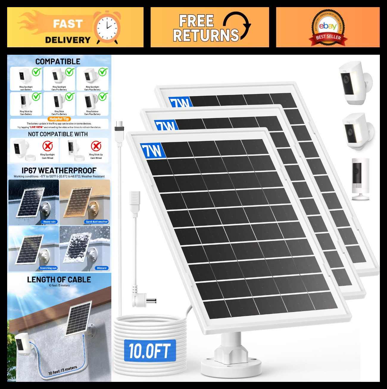 7W Solar Panel Charger for Ring Stick Up Cam & Spotlight Cam Plus/Pro – 3 Pack,