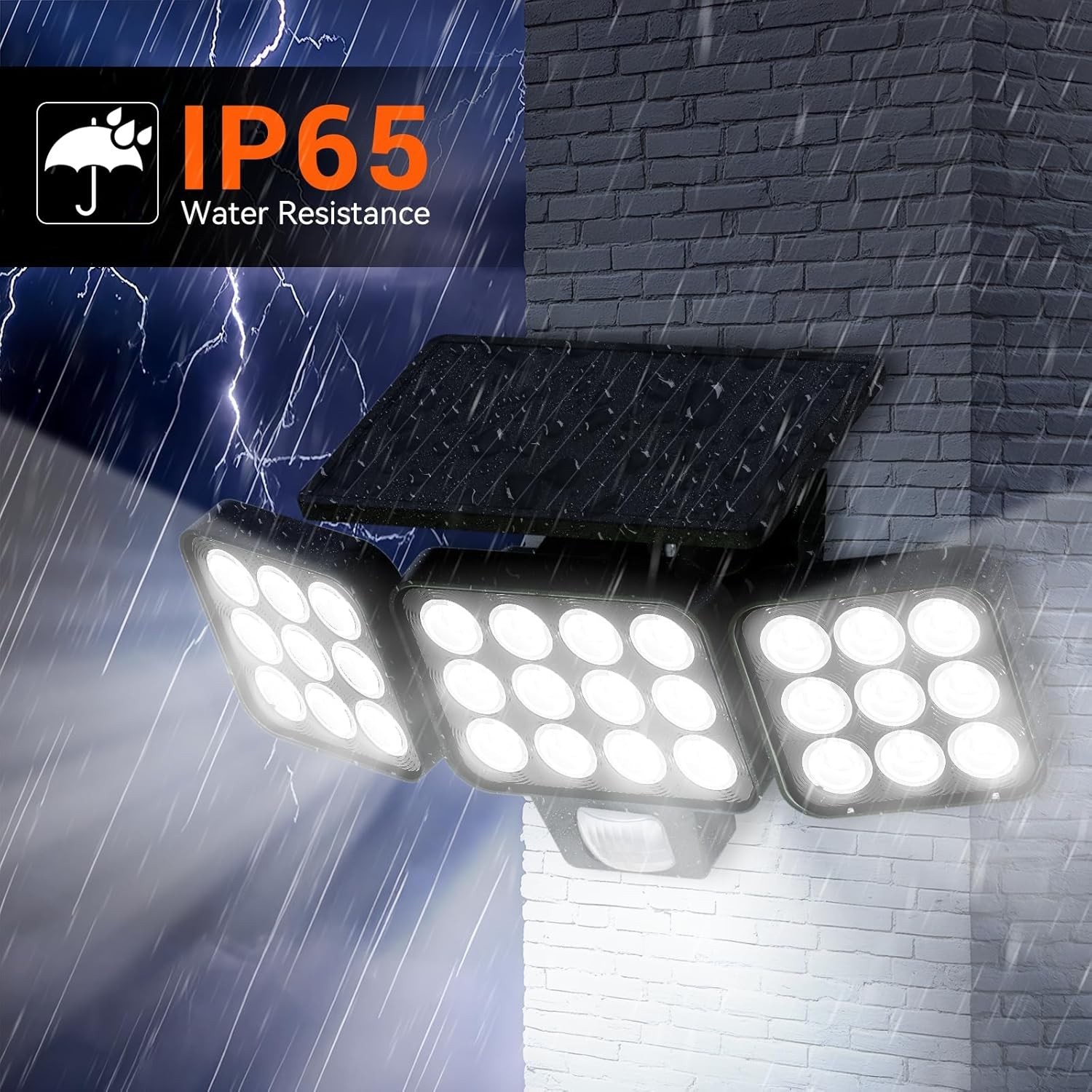 Foco Solar Exterior con Sensor de Movimiento, 3500LM, 3 Cabezales y Panel de Vid
