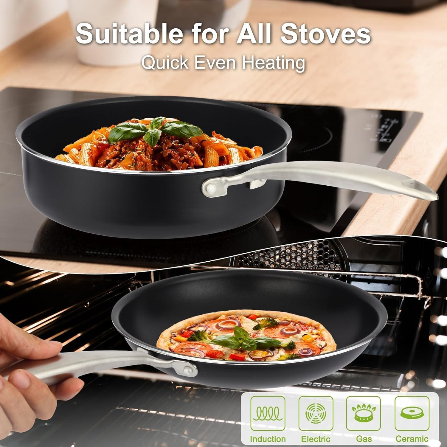 5PC Induction Cookware Set with Tempered Glass Lids, Ultra Nonstick Pots and Pan