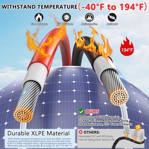 8AWG Solar Panel Wire 2x50Ft Tinned Copper PV Extension Cable for RV Boat Outdoo
