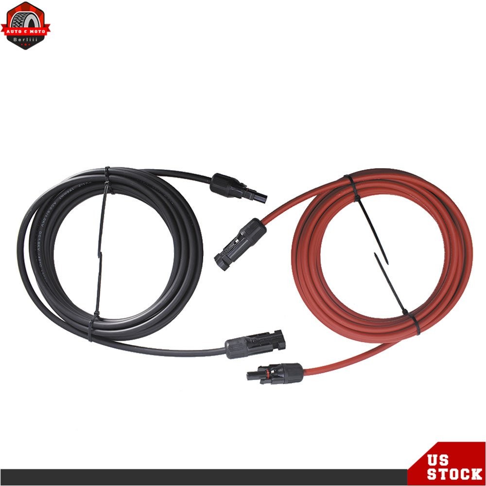 10 AWG 15 FT 1 Pair Black + Red Solar Panel Extension Cable Wire Connector