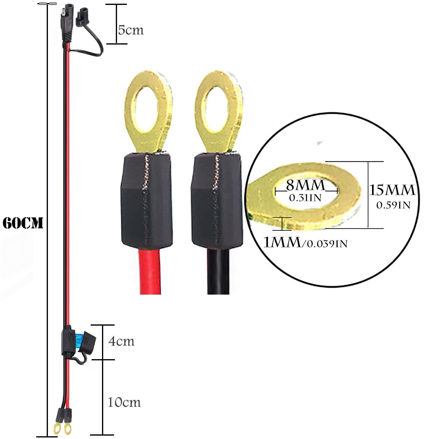 2Ft 10AWG Battery Charger Cable SAE to O Ring Terminal Quick Disconnect Harness