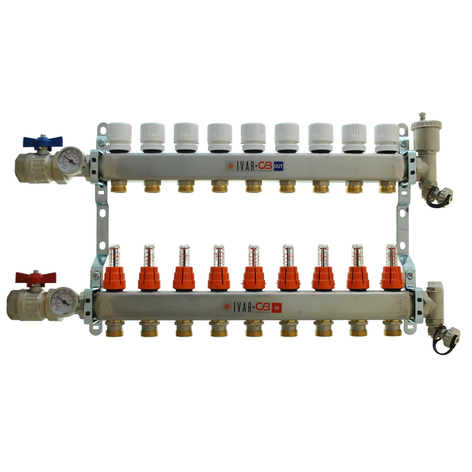 1″ IVAR Stainless Steel Hydronic Manifold for Radiant Floor Heating – 9 ports