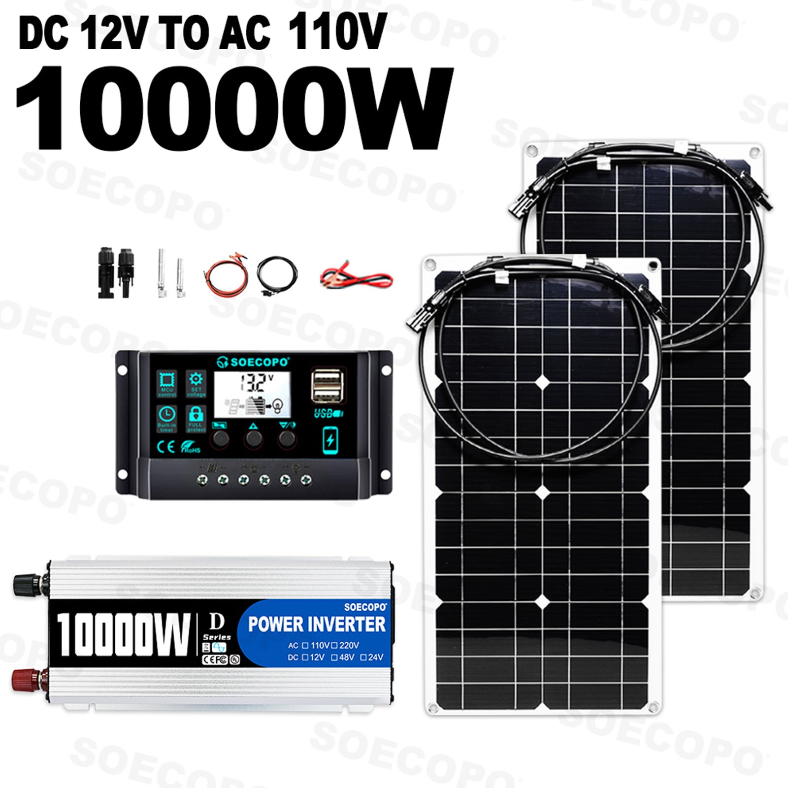 10000W Solar Kit 2pcs Flexible Panels 100A Controller 12V to 110V 220V Inverter