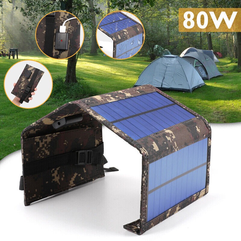 80W USB Solar Panel Folding Power Bank Outdoor Camping Hiking Phone Charger US