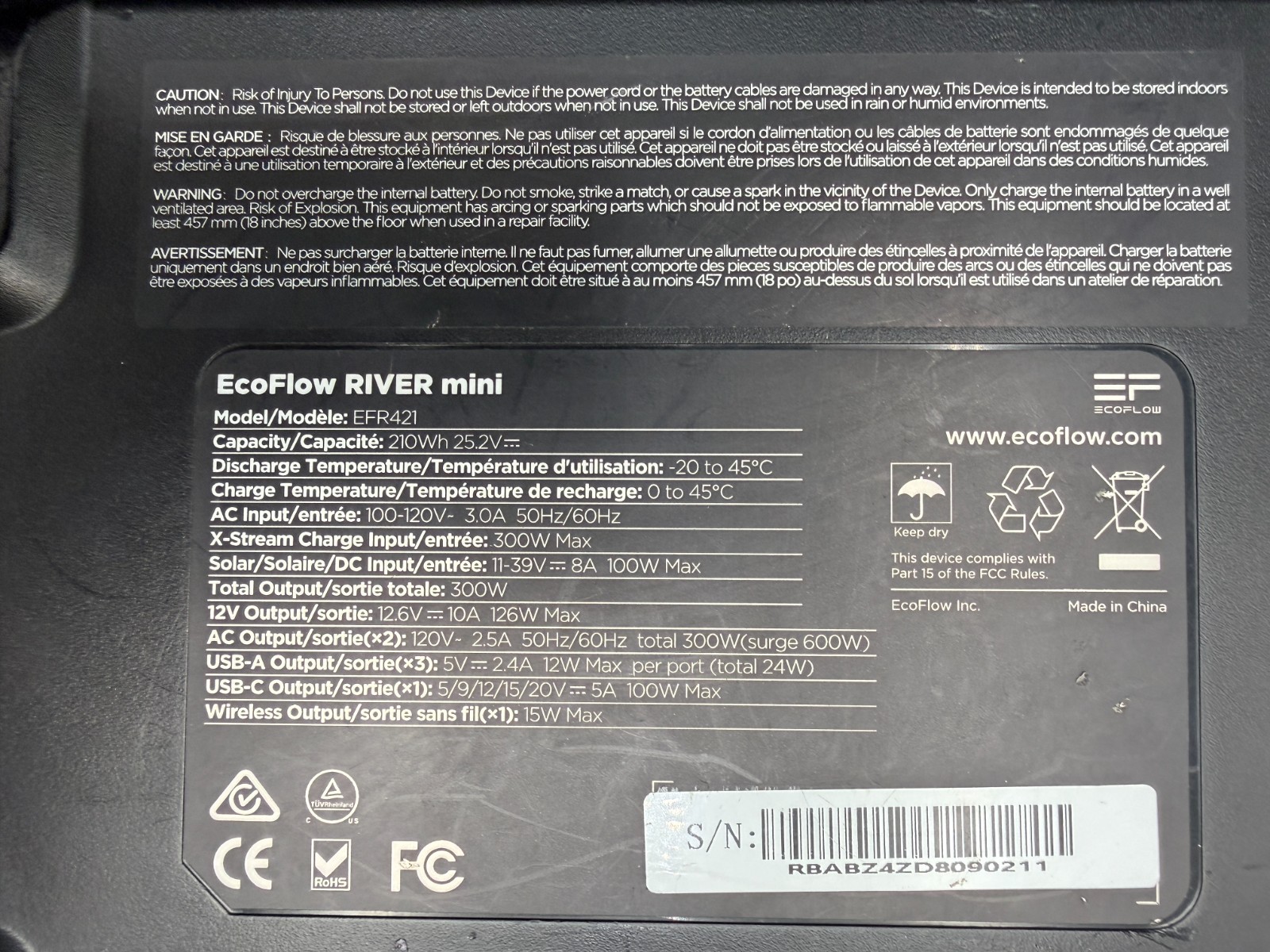 EcoFlow RIVER Mini EFR421 210Wh Portable Power Station 300W 600W Surge Used