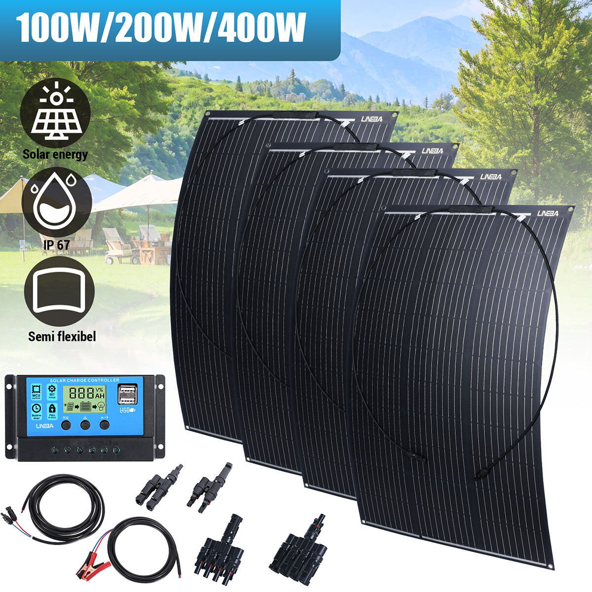 400W Watt 18V Monocrystalline Solar Panel Controller Kit 10BB Cell For Home RV