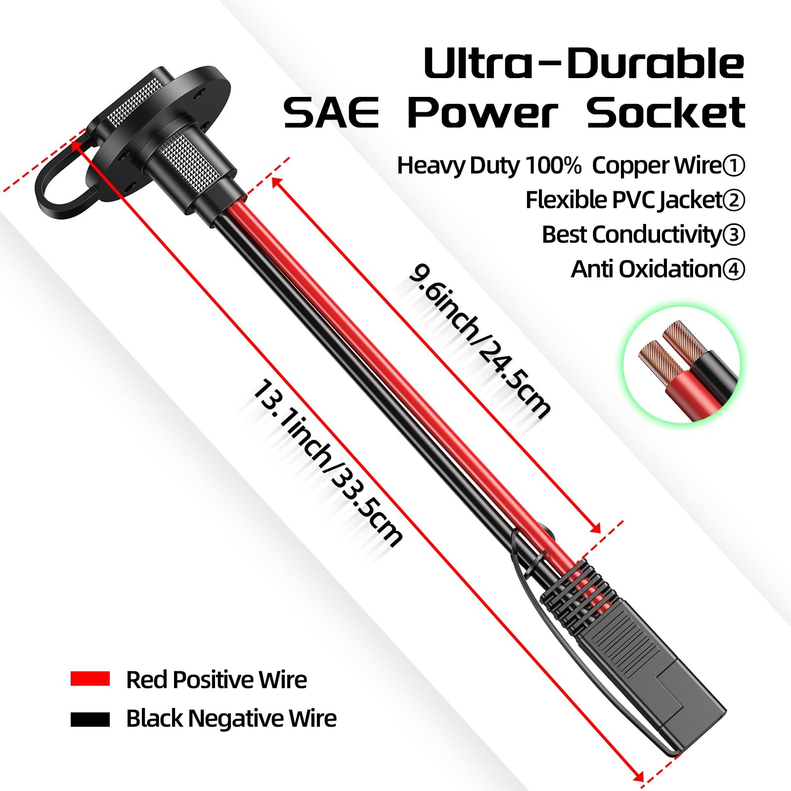 SAE Connector Power Socket Sidewall Port, 10AWG Cable Weatherproof Cable Quic…