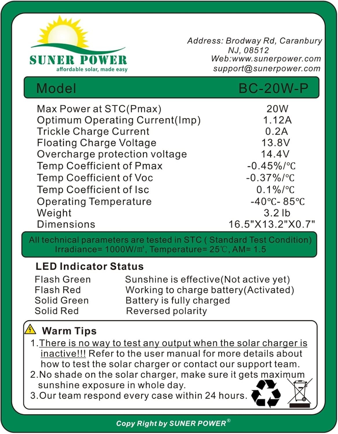 20W 12V Solar Battery Charger Maintainer, Built-in Smart MPPT Charge Controller