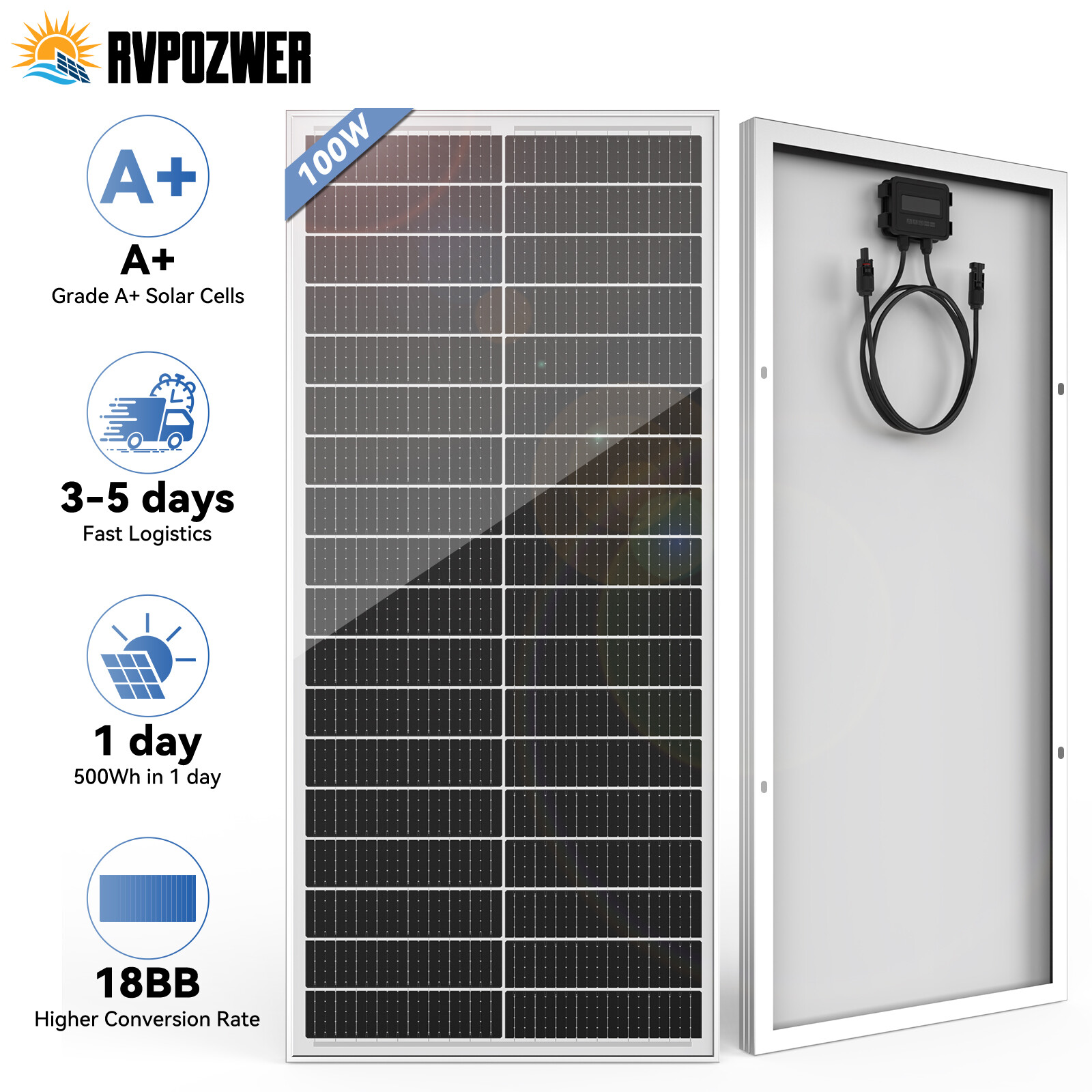 Rvpozwer 100W 200W 400W 12V/24V Mono Solar Panel 18BB Cell RV Home Off Grid US