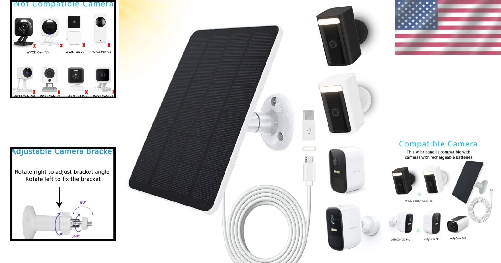 Adjustable Mount Solar Panel for WYZE EufyCam Pro Wireless Security Cam