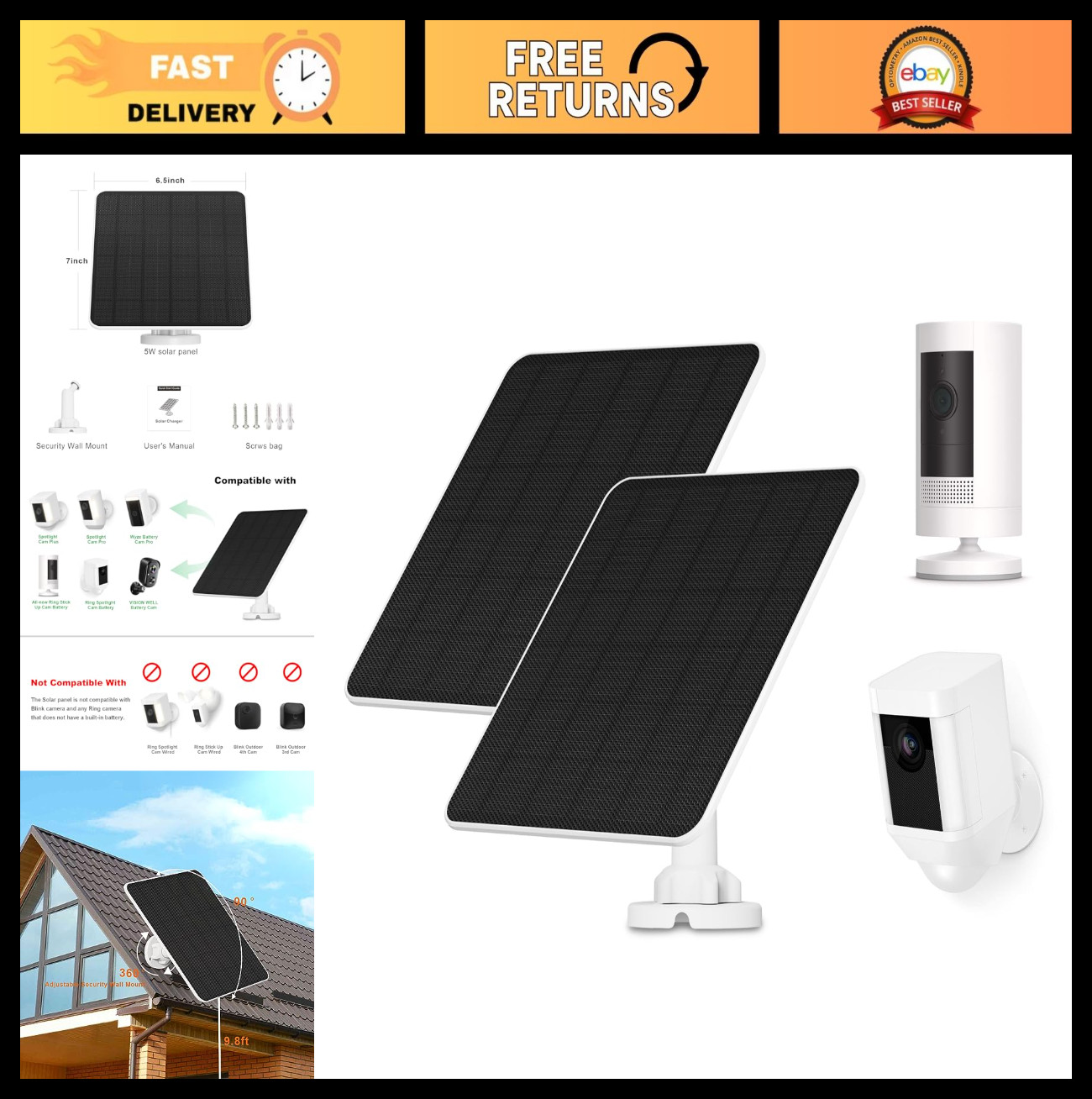 5W Solar Panel Charger for Ring & Wyze Cameras, 9.8ft Cable, Waterproof, 2 Pack
