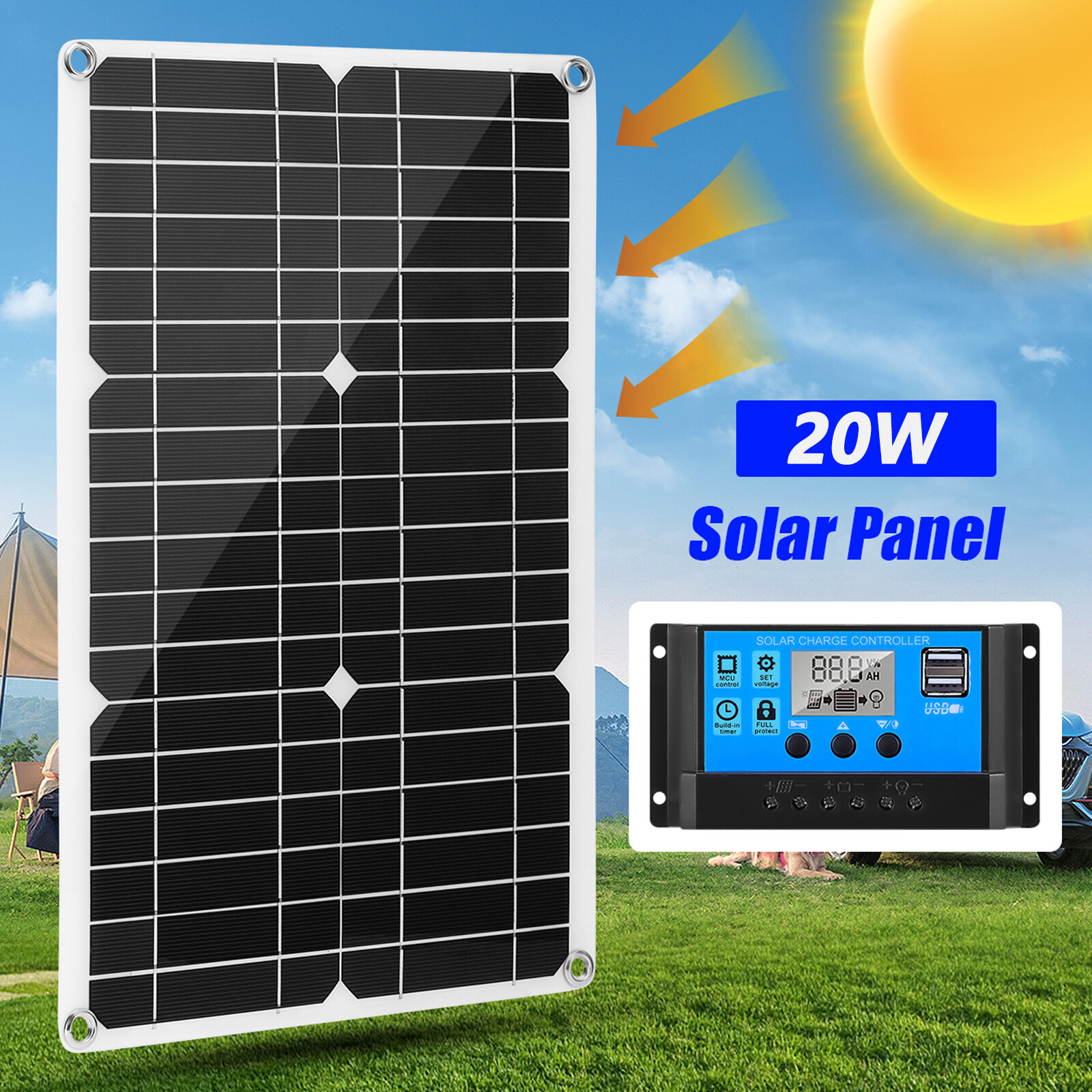 20W 12V Watt Solar Panel Kit Charging Off-Grid Battery Power RV Home Boat Camp