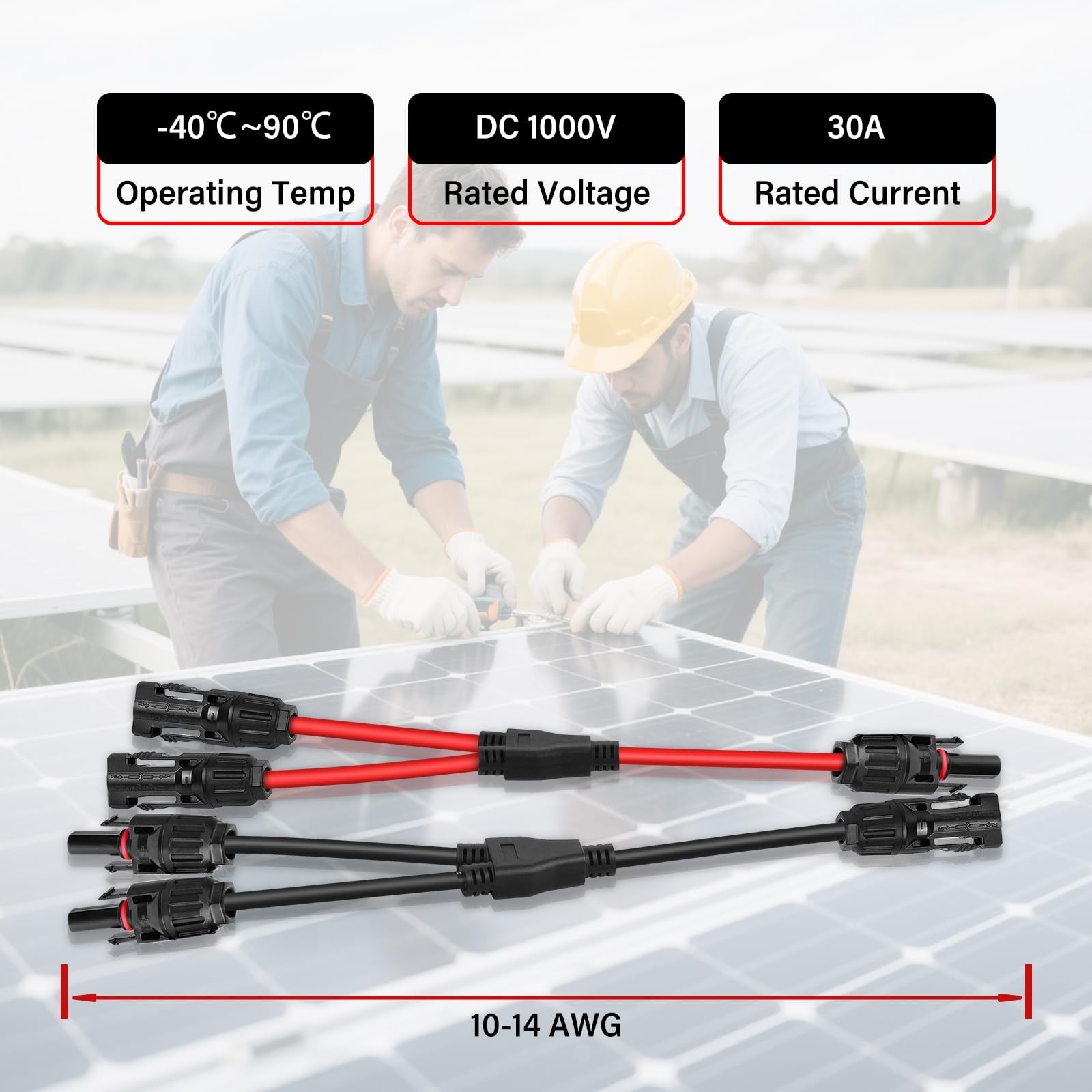 4 Pairs Y Branch Solar Connectors 1 to 2 Parallel PV Adapters 30A Cable Kit 14-1