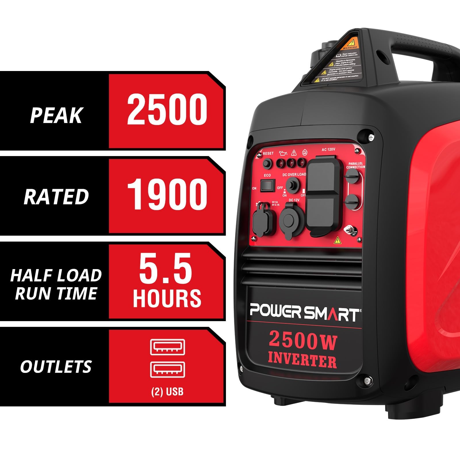 2500 Watt Portable Inverter Generator, 79.8cc Gas Powered Engine with 5.5H Lo…