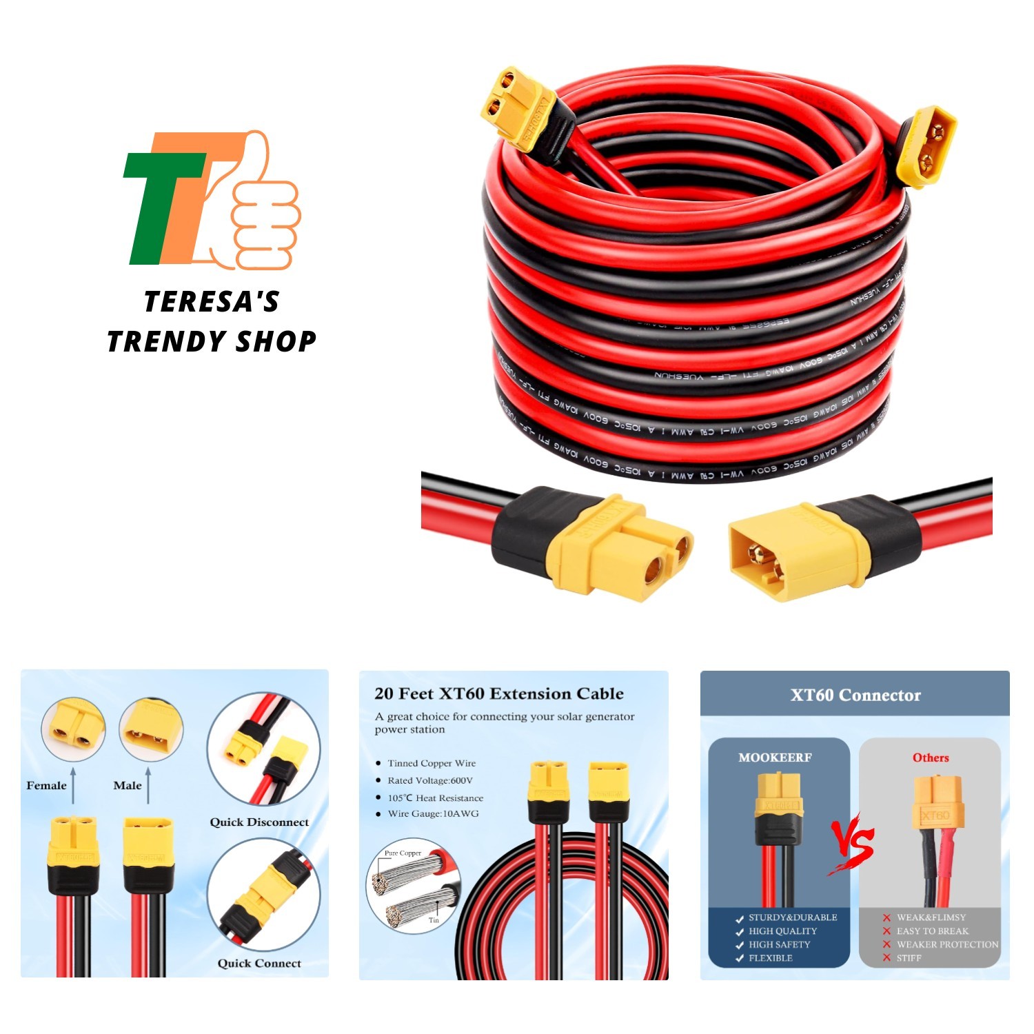 XT60 Extension Cable 10AWG 20FT XT60 to XT60 Cable with Male to Female Connec…