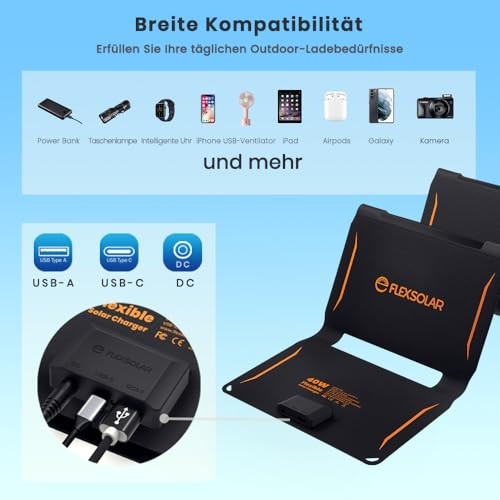 40W Foldable Solar Panel Charger with USB-C and USB-A Outputs for Phones, 40 W