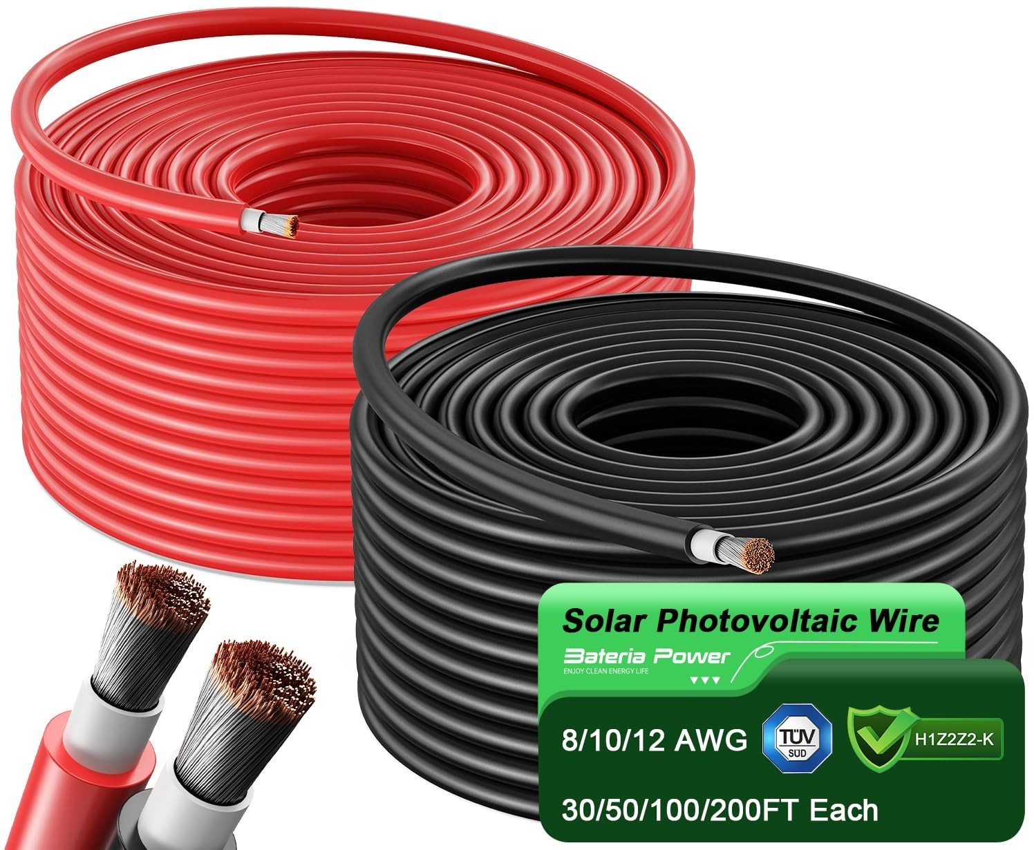 50Ft Red & 50Ft Black Solar Panel Extension Cable Kit, 10AWG Tinned Copper Wire