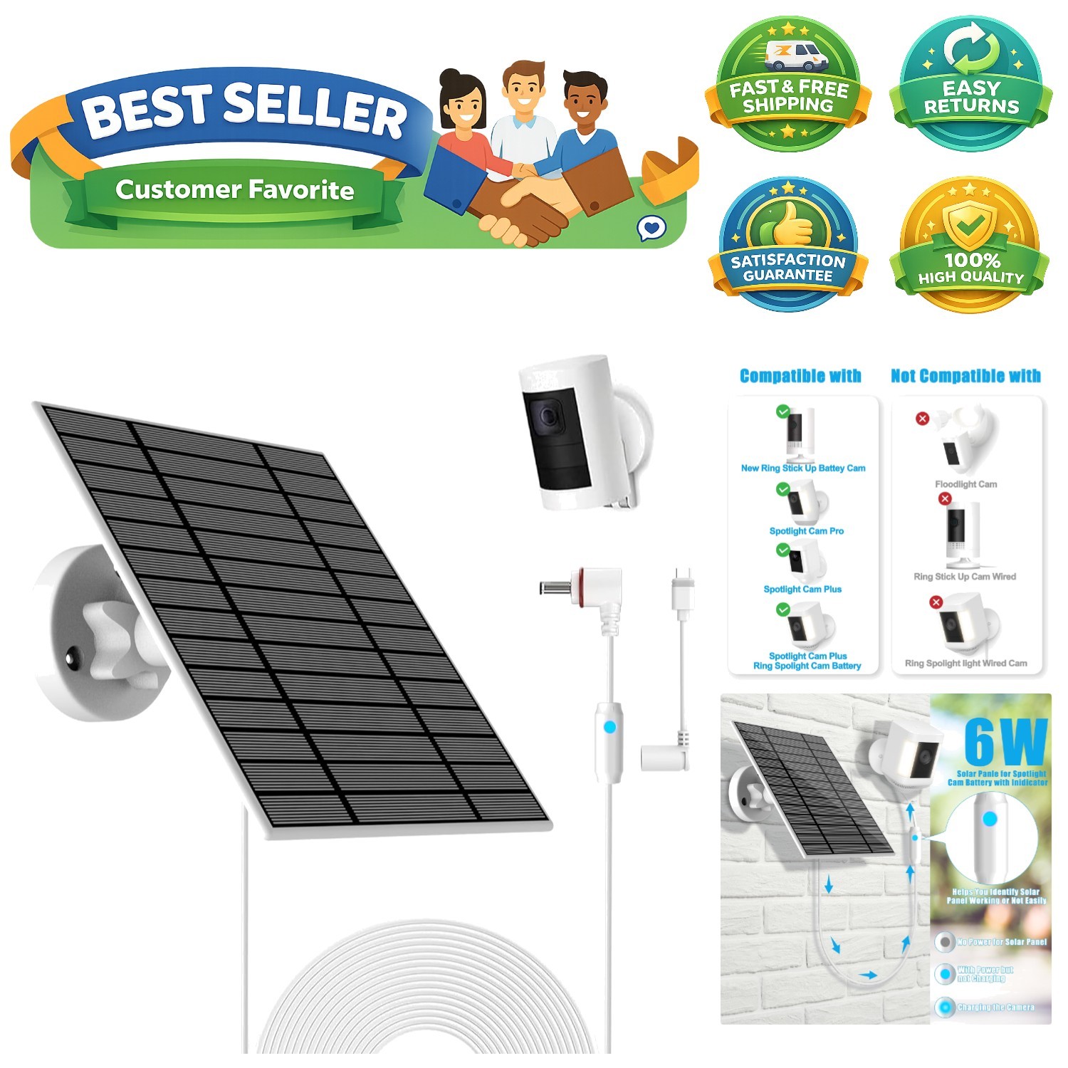 6W Solar Panel Compatible with Ring Spotlight Cam Plus/Pro and Stick Up Cam B…