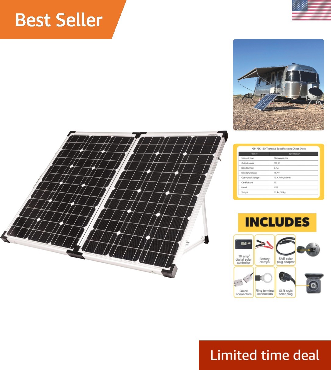 Efficient 130W Solar Panel Kit with Adjustable Legs for Sunlight Optimization
