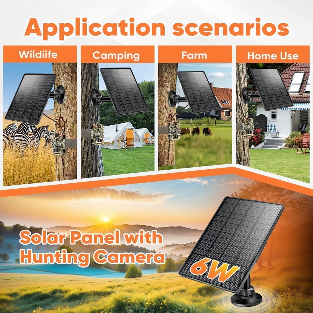 Durable 6W Solar Panel for Trail Camera – 360° Bracket & Rechargeable Battery
