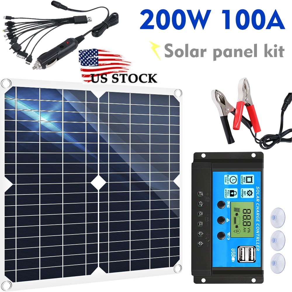 200 Watt Portable Solar Panel Charger W/ Charge Controller,100A Starter Kit US