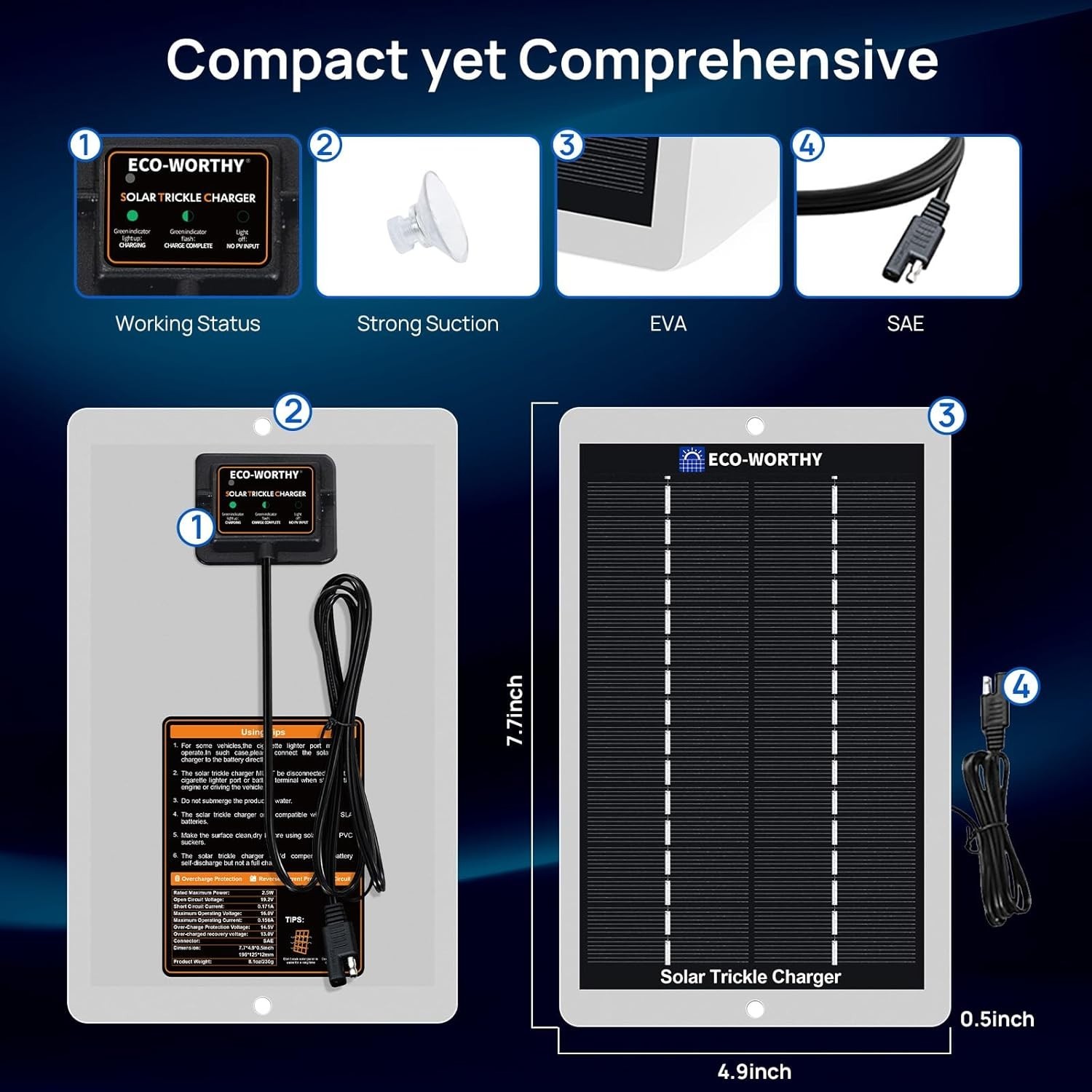 Robust 2.5w Solar Battery Maintainer – Efficient 12 Volt Charger with Indicators