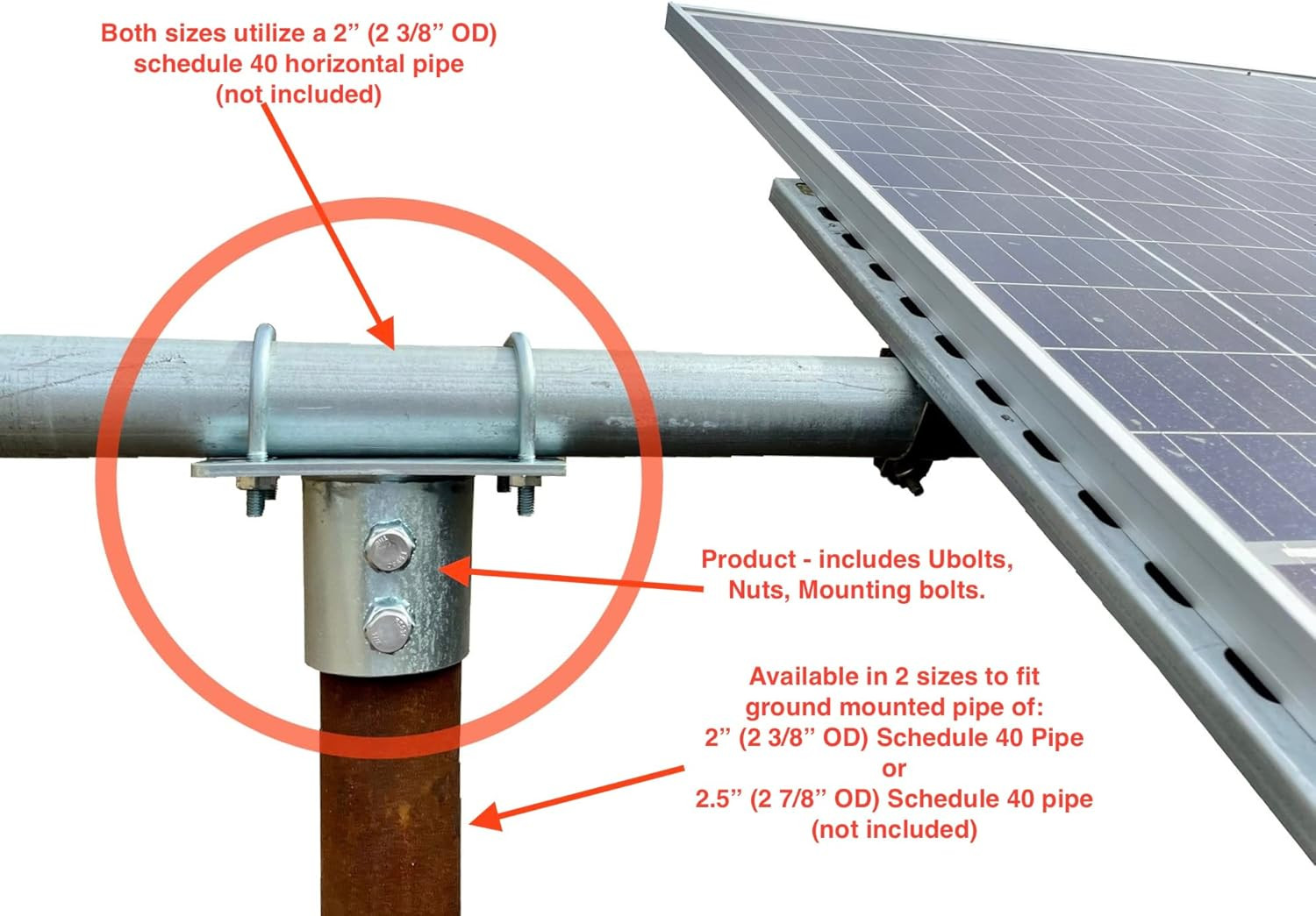 Solar Panel Array Ground Mounting Bracket for 2.5″ (2 7/8″ OD) Pipe or Pole Moun