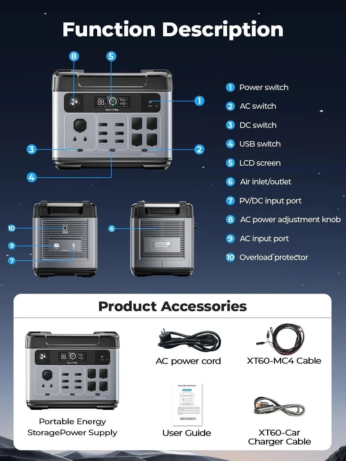 Solar Generator 2048Wh Portable PowerStation Emergency LiFePO4 2400W OUKITEL UPS