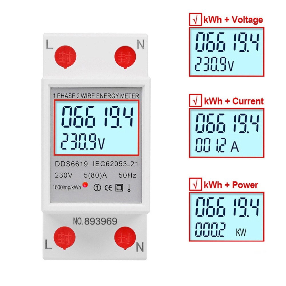 LCD Energy Meter for Din Rail Systems with Voltage Current Measurement 80A