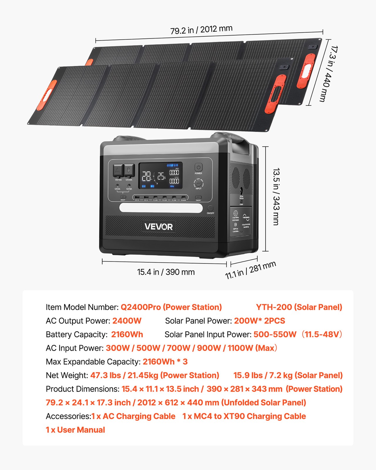 VEVOR Portable Power Station 2400W 2160Wh with 2PCS 200W Foldable Solar Panels