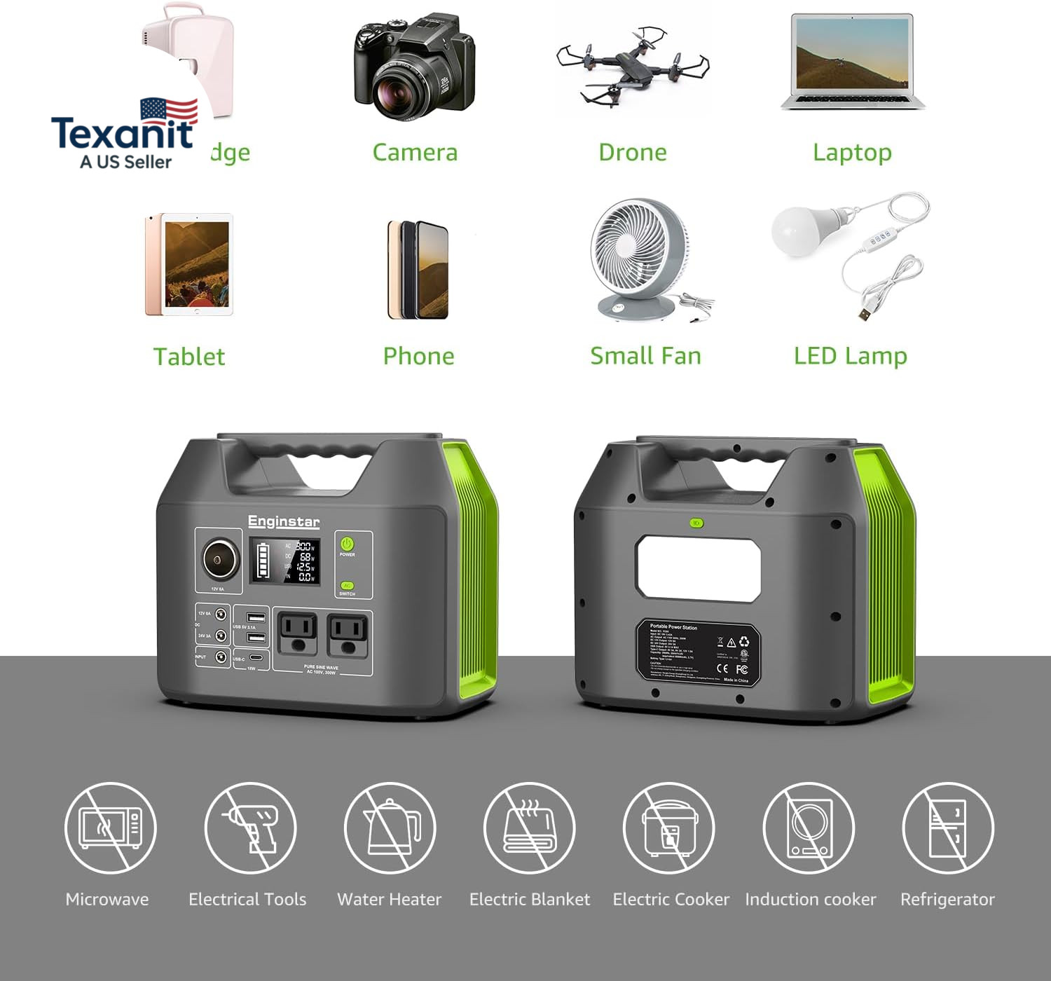 Solar Generator, 300W Portable Power Station, 296Wh Lithium Battery Backup W/Two