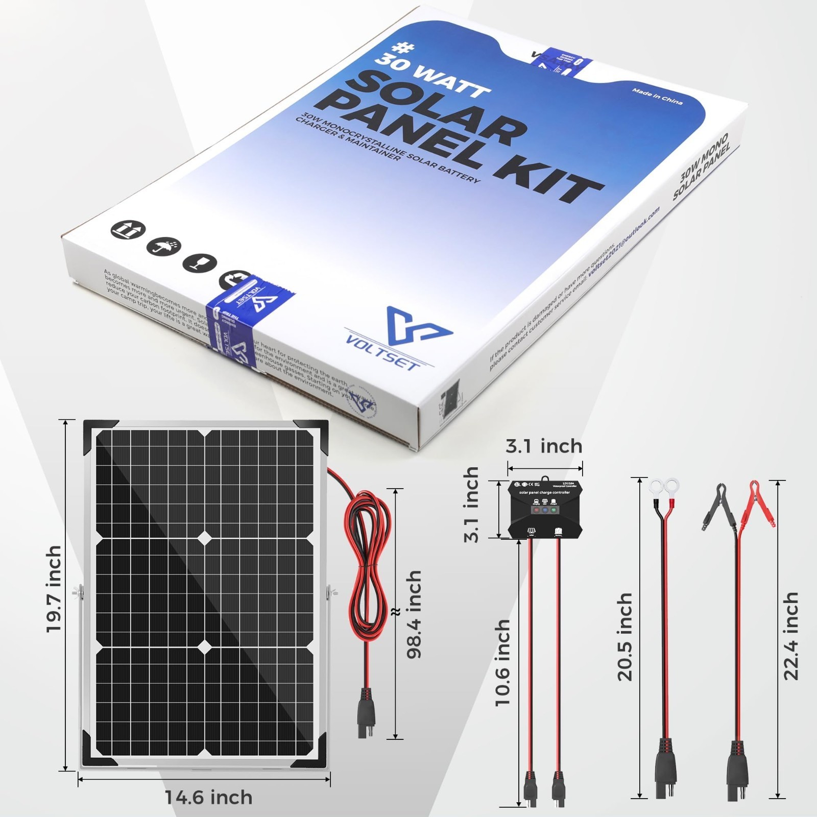 30W Solar Battery Charger Kit – 12V Waterproof Solar Panel with 10A Controller,