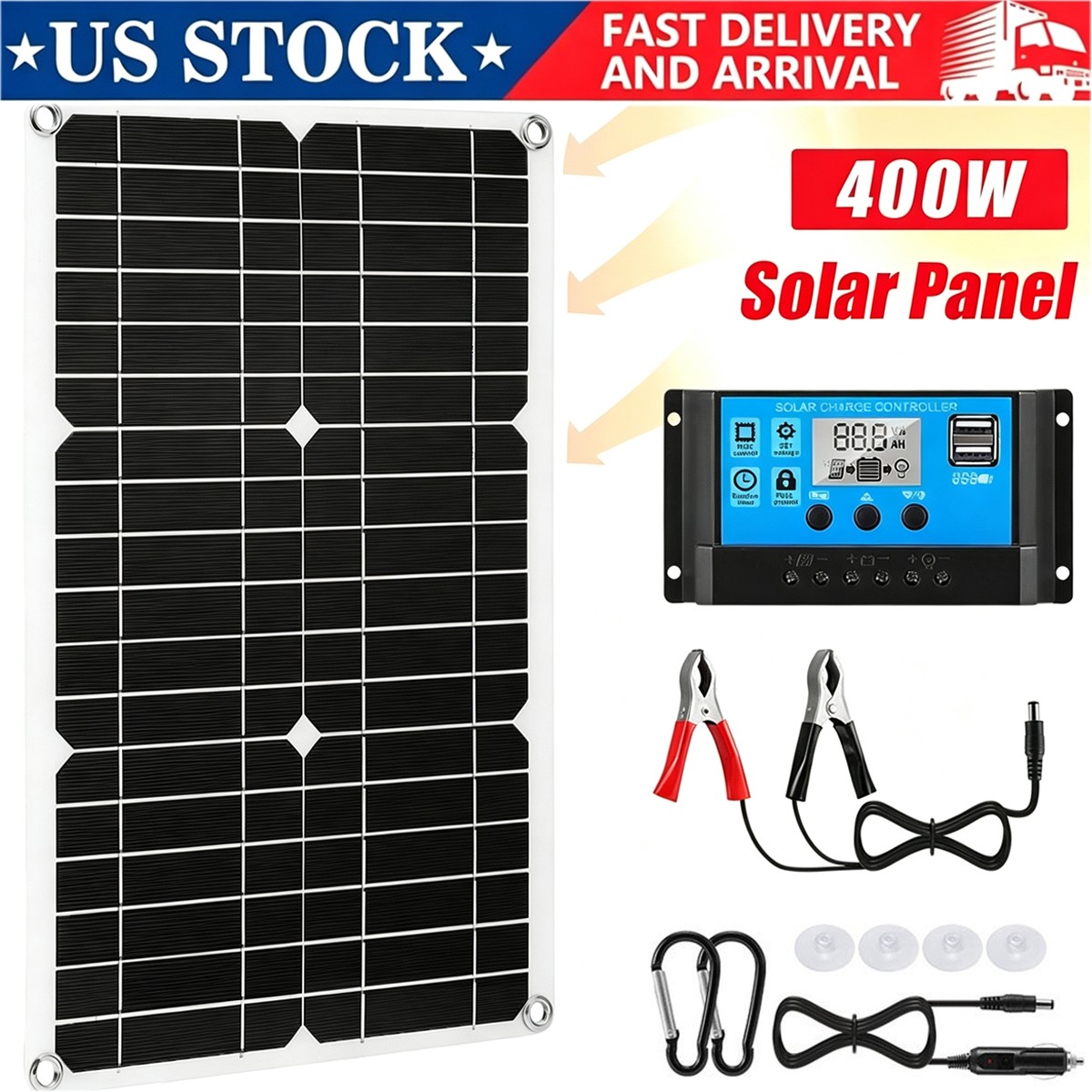 400W Solar Panel Kit 100A 12V Charger w/Dual USB Controller RV Caravan Boat