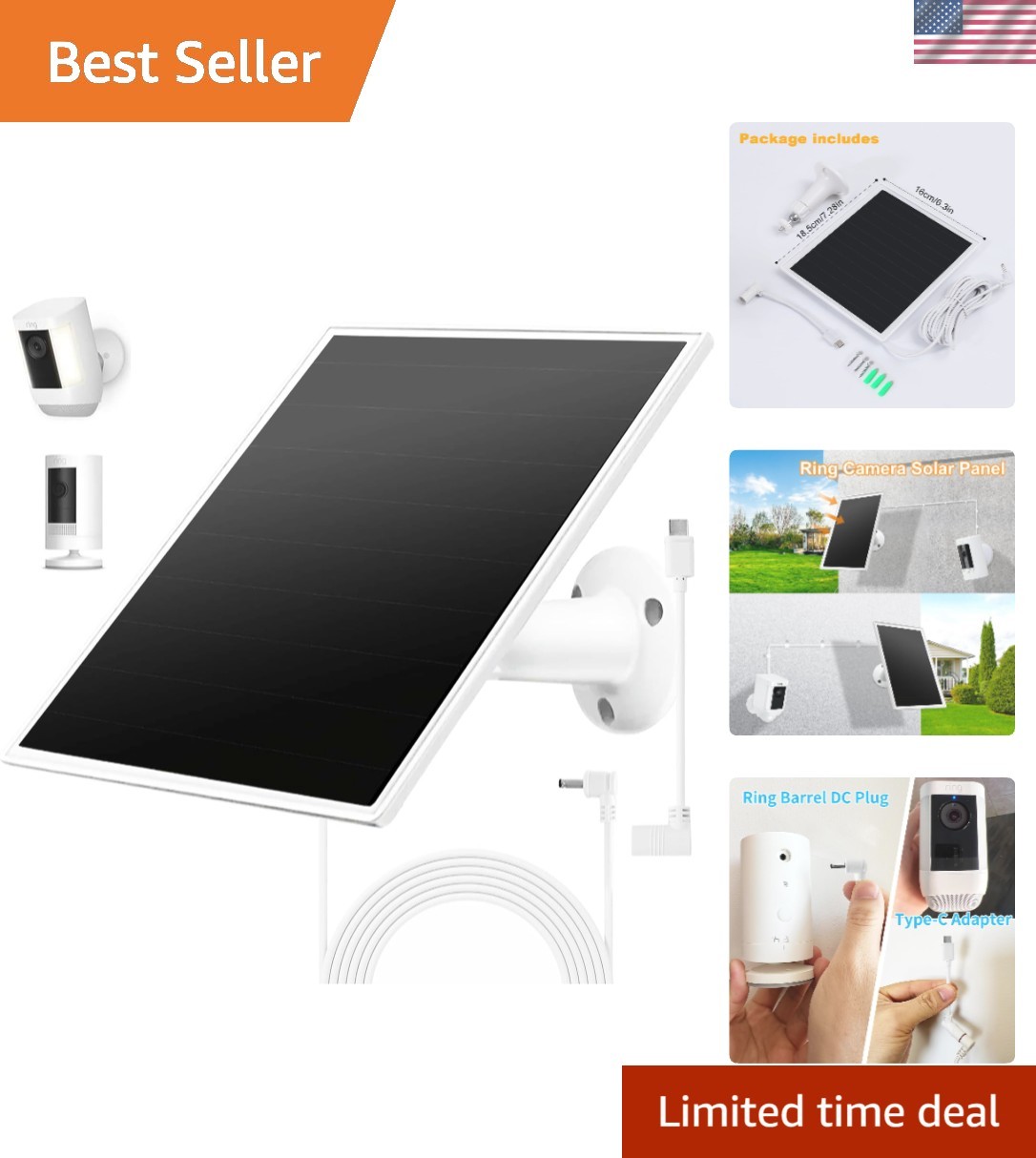 Solar Panel for Ring Cameras – Fast Installation with 360° Bracket Included
