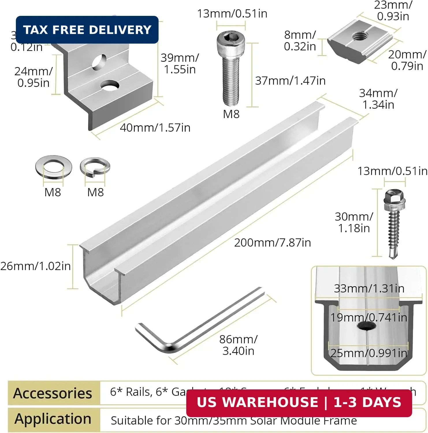 Anbte Solar Panel Bracket Kit, 6 Pcs 7.87 in Aluminium Solar Panel Mounting Rail