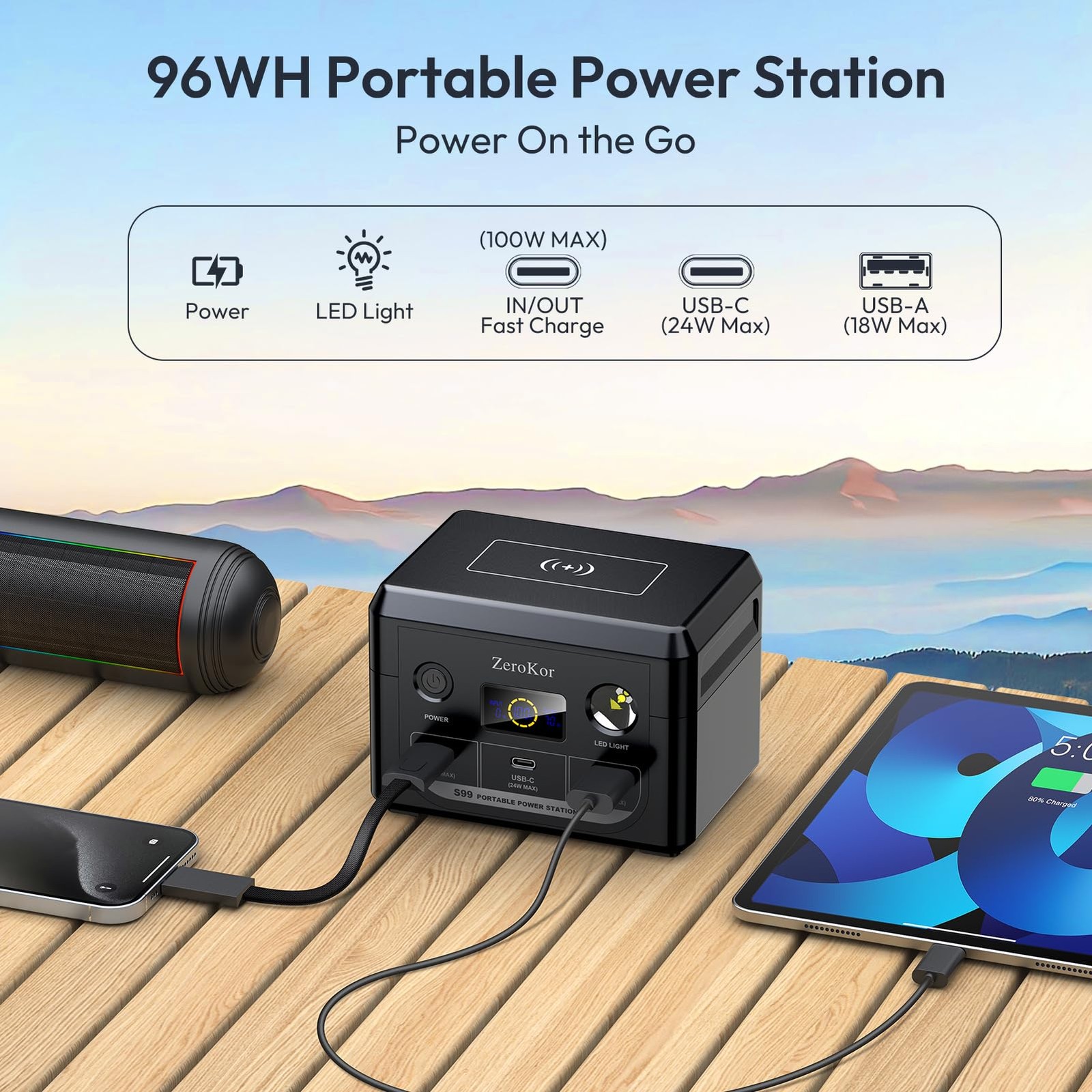 100W Portable Power Station, 96Wh Small Generator 30000mAh LiFePO4 Battery wi…