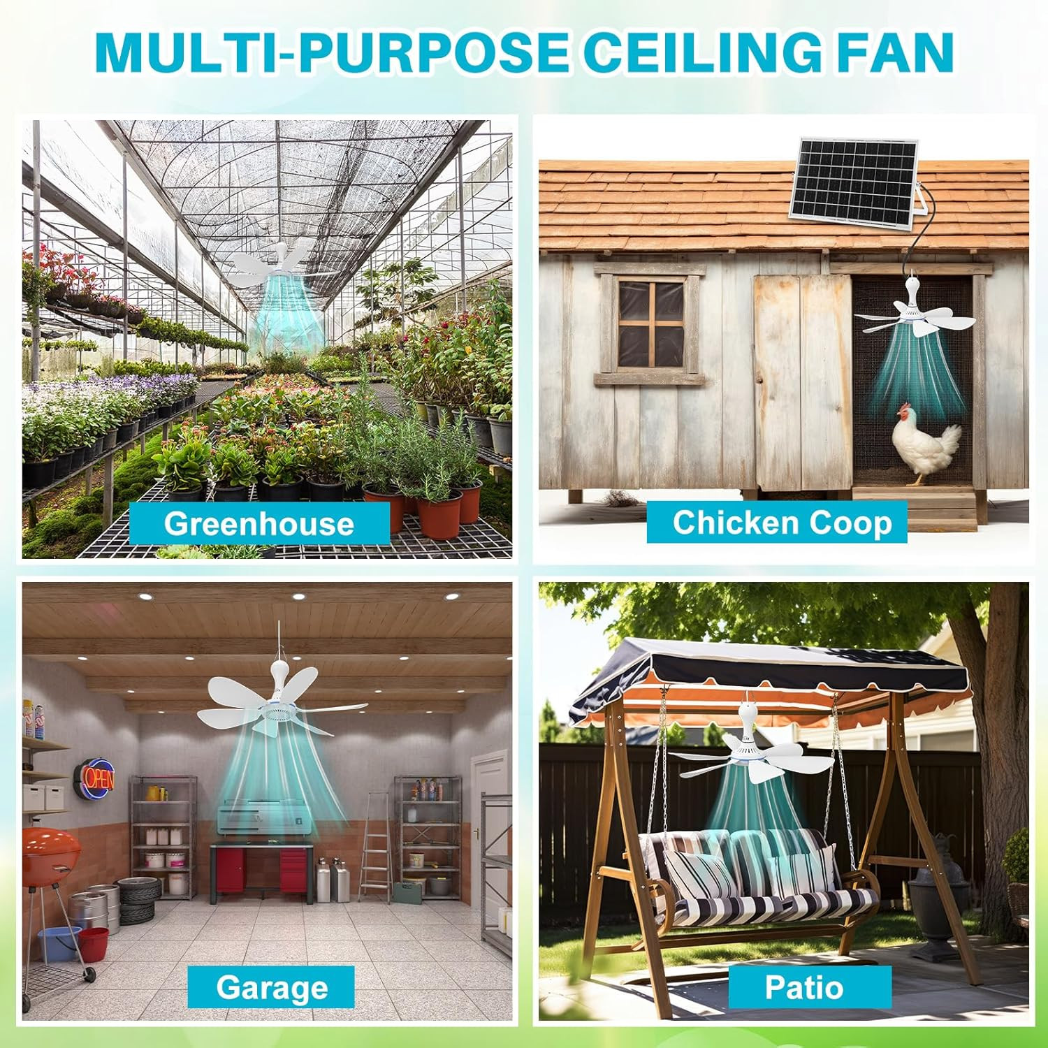 Solar Powered Ceiling Fan Kit – 15W USB Hanging Fan for Outdoor Use