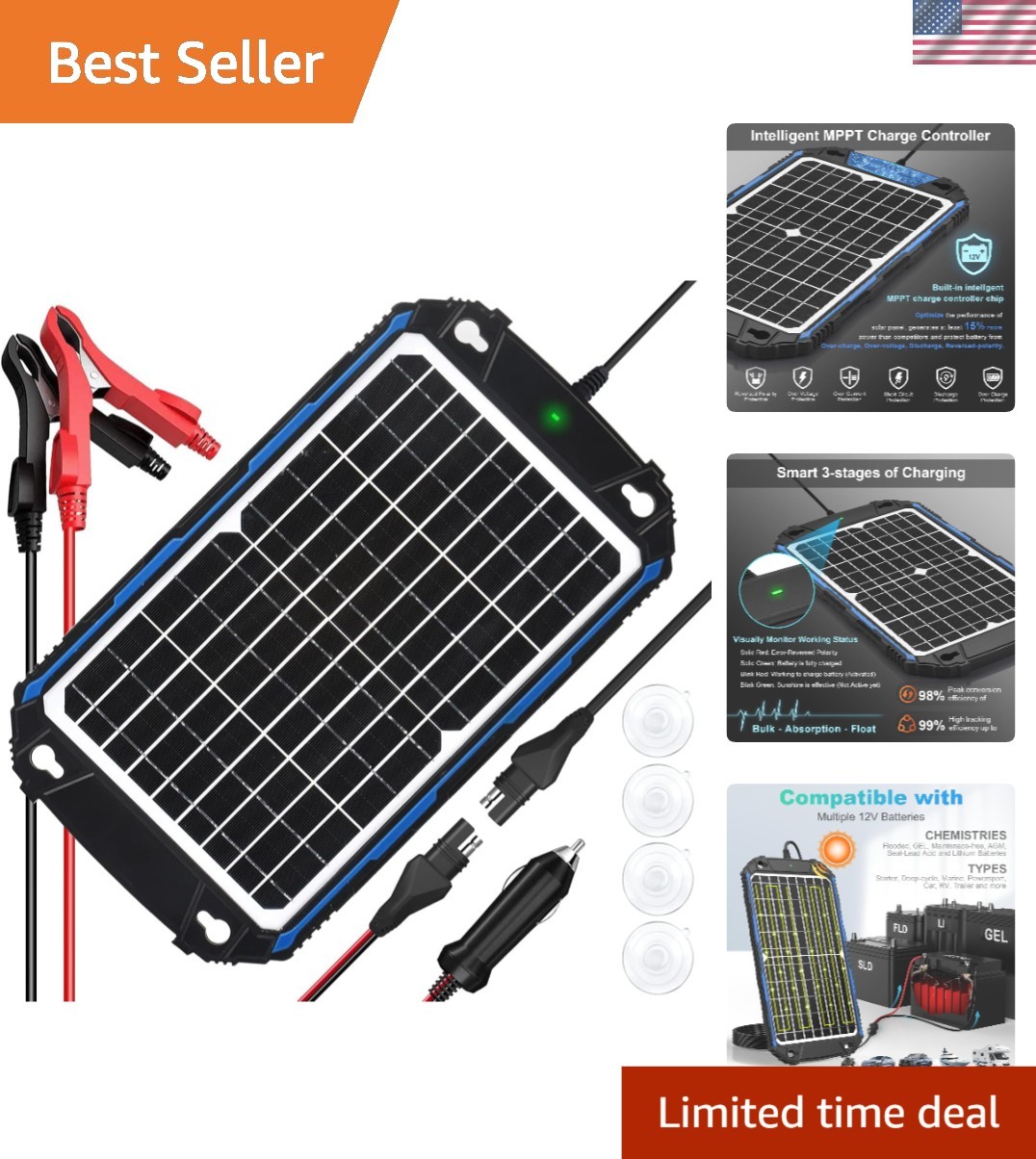 Waterproof 12W 12V Solar Battery Charger & Maintainer Pro, Built-in UltraSmar…