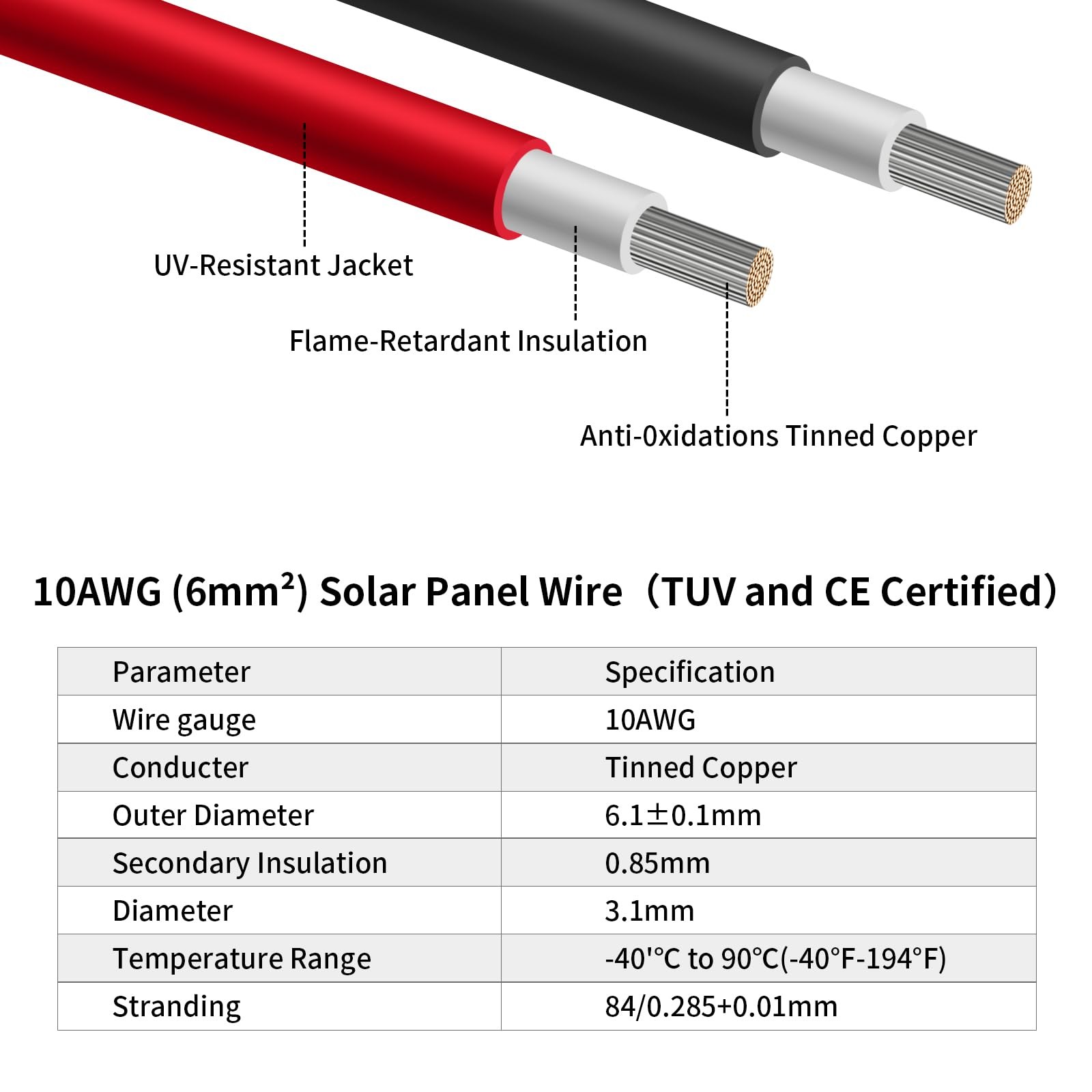 10AWG (6mm²) Solar Panel Extension Cable 50FT – Black & Red, Heavy Duty, Weather