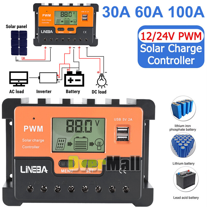 12/24V 30/60/100A MPPT Solar Charge Controller Panel Battery Regulator Dual USB