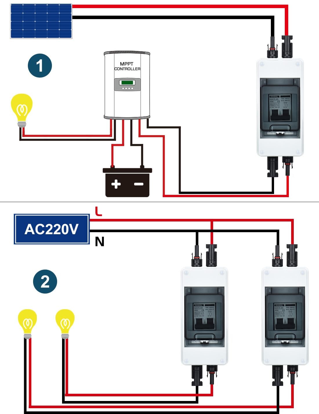 DIHOOL 30 Amp Solar Disconnect Switch, Miniature Circuit Breaker with din rail e