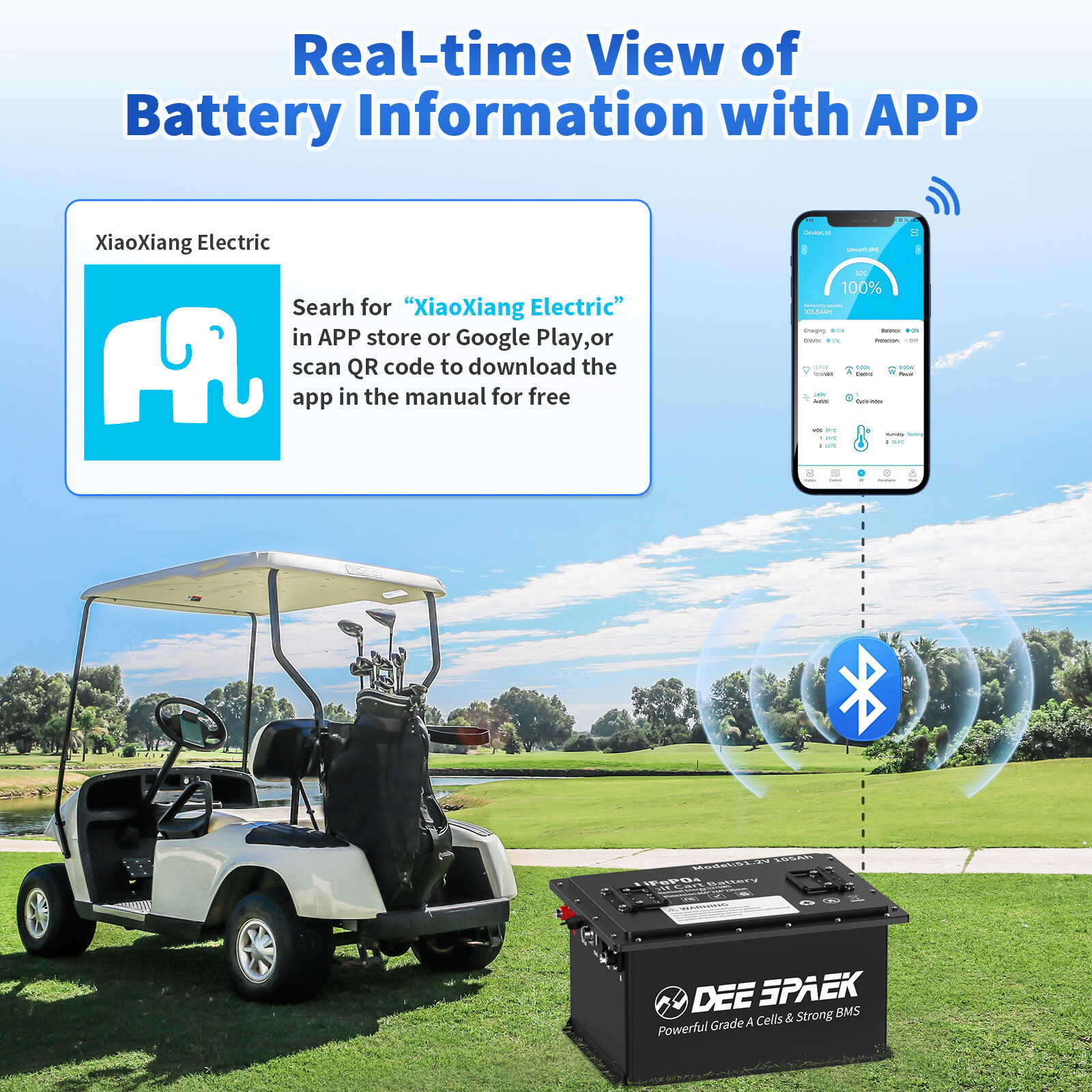 48V 105Ah Battery LiFePO4 Lithium Golf Cart 200A BMS Bluetooth Monit+20A Charger