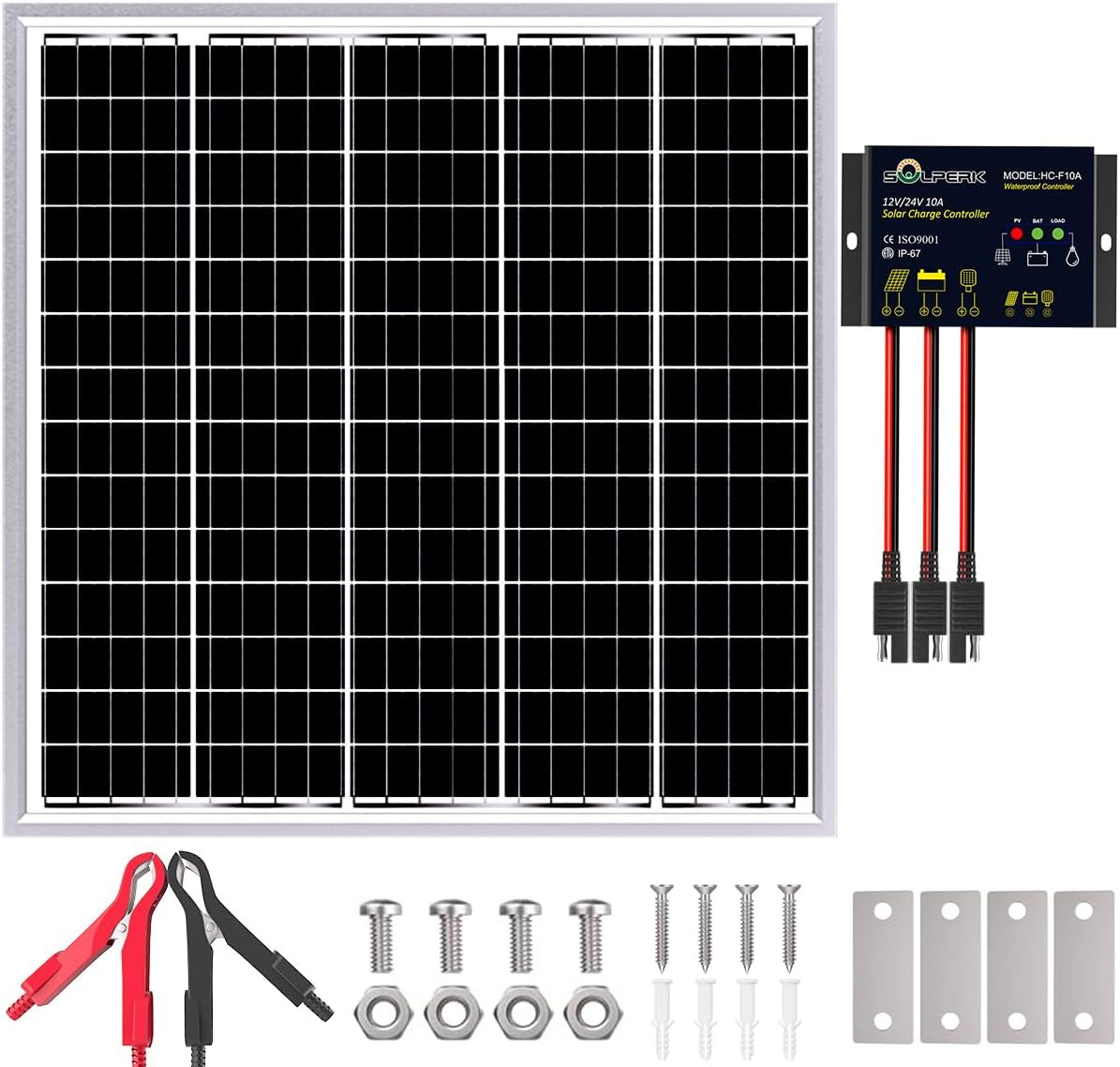 Solar Panel Kit 50W 24V, Intelligent Waterproof 10A PWM Controller, Home Outdoor