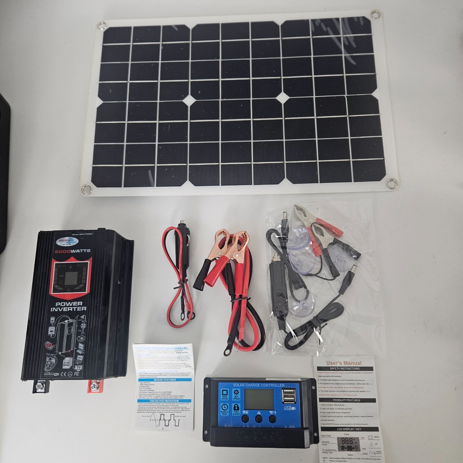 Solar Inverter Kit 18W Solar Panel 6000W Car Power Inverter LCD 30A Solar Charge