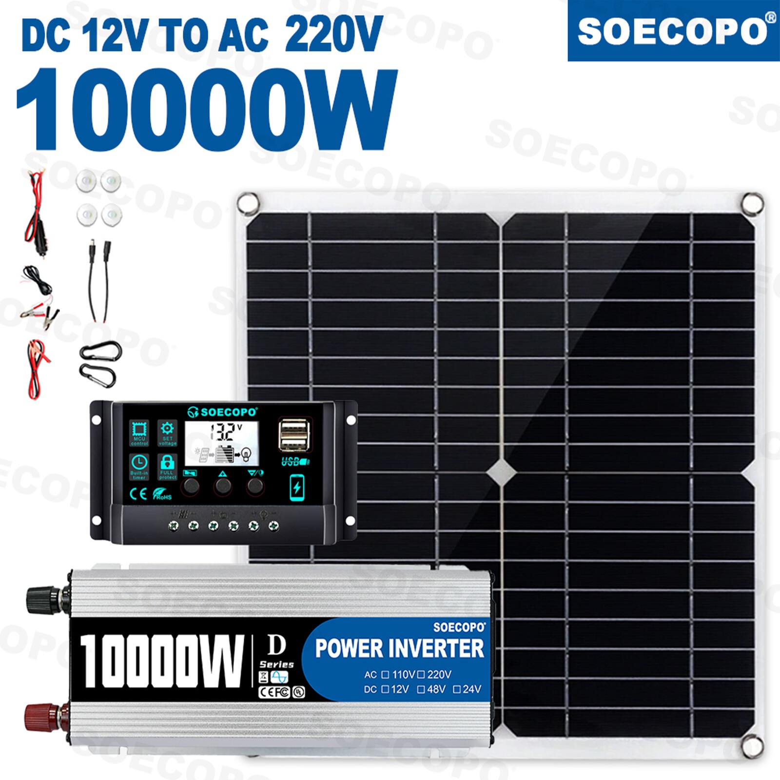 10000W Solar System Complete Set Dual USB Inverter 220V 300W Solar Panel 100AE2