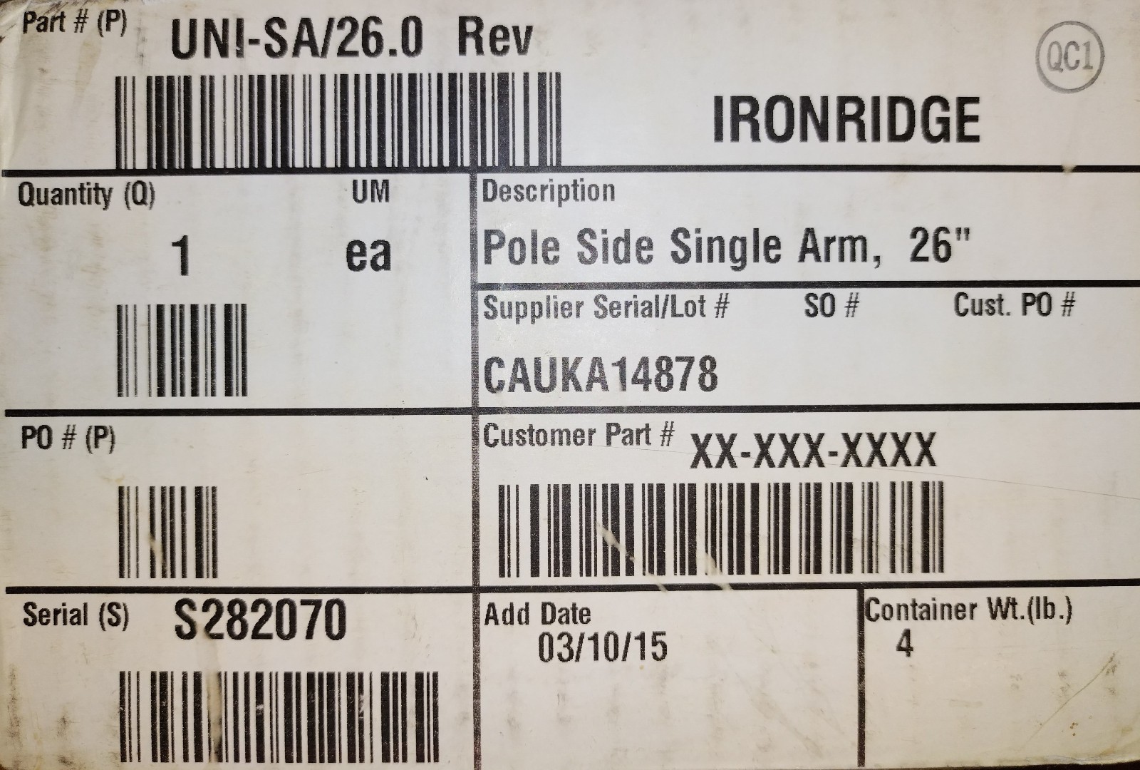 26″ Side of Pole Solar Panel Mount Ironridge Tamarack FREE SHIPPING