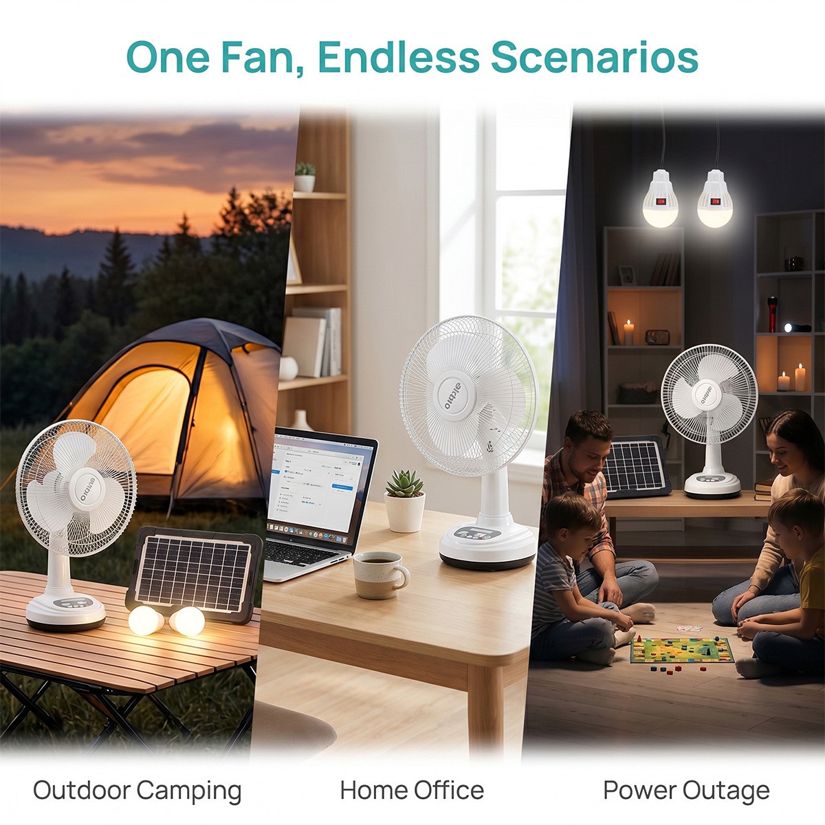 12″ Solar Rechargeable Desk Fan 2-Speed Portable Camping Fan + 2 LED Light Bulbs