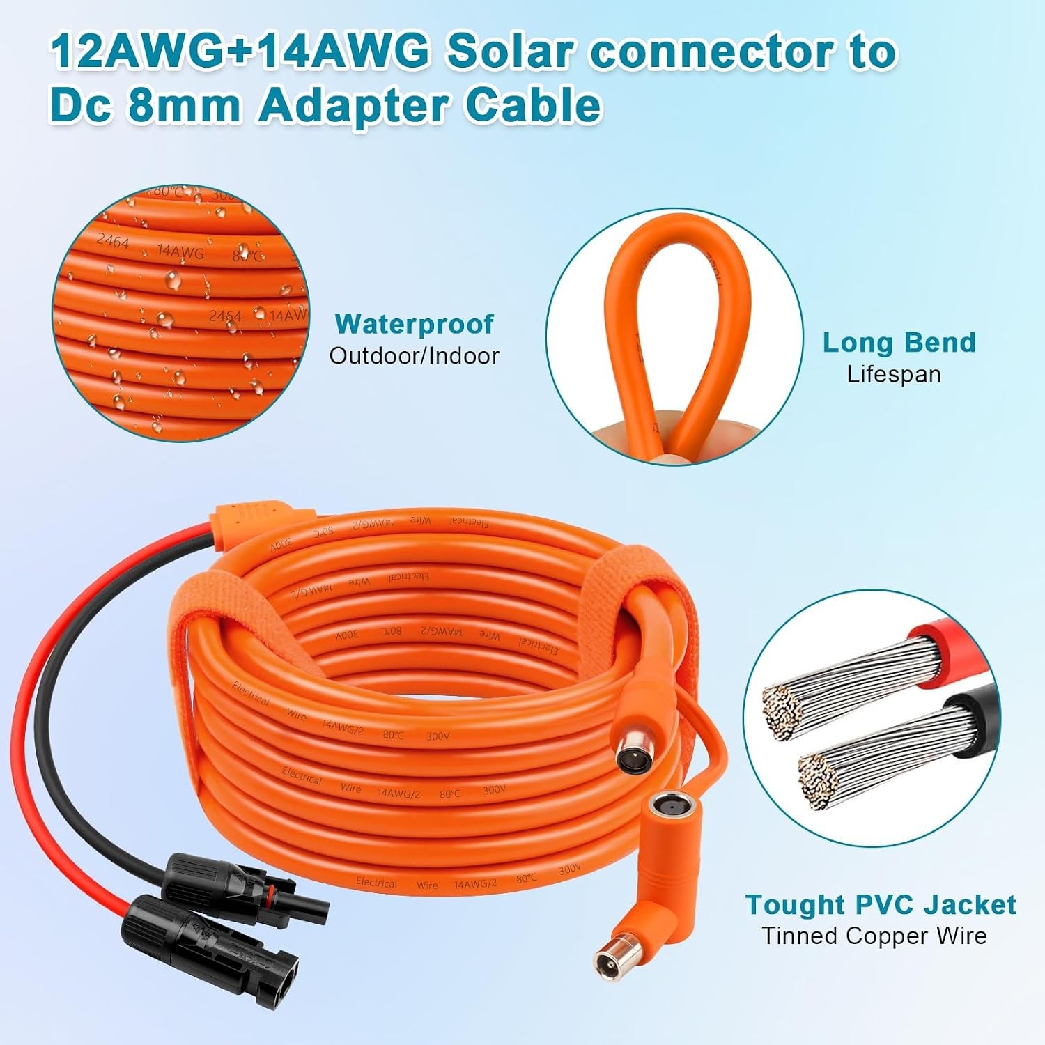 Solar Connector to DC 8mm Extension Cable 30FT, 14/12AWG Heavy Duty Adapter Cord